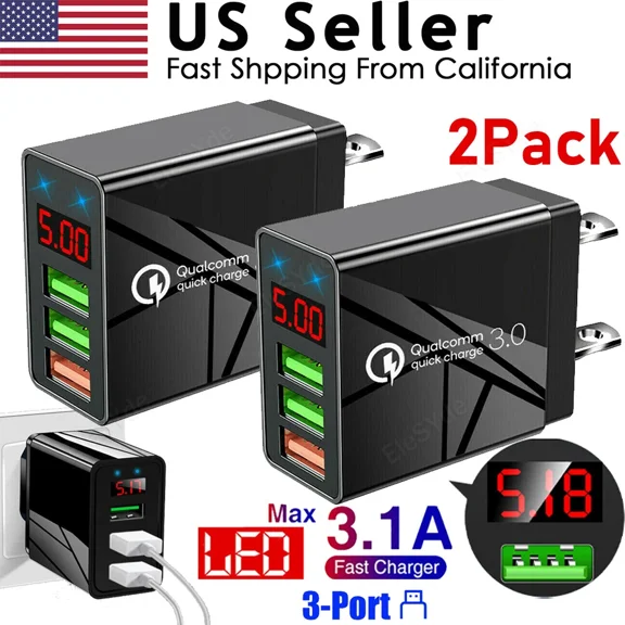 KLYNE- 2Pcs 3 Port Fast Quick Charge Qc 3.0 Usb Hub Wall Charger Power Adapter Us Plug