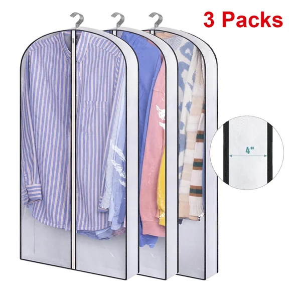 KLYNE - 3Pcs Clothes Garment Bags Clear Dust Cover Storage 4" Gussetes Suits Coat Jacket