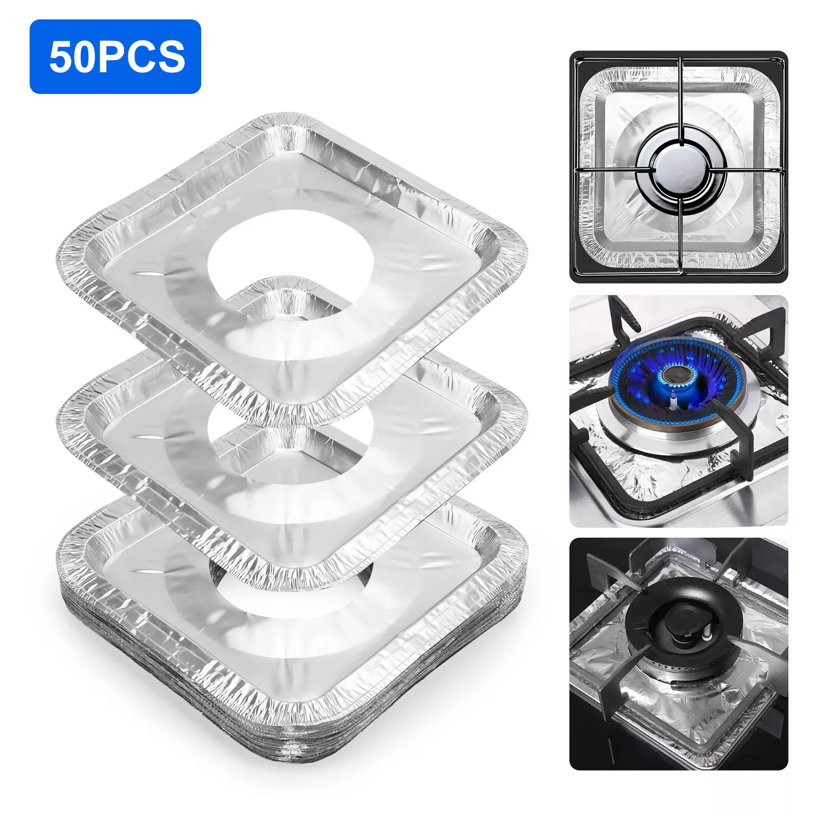 KLYNE - 50Pcs Aluminum Foil Gas Burner Liners, Square Thick Stove Covers Range Protector