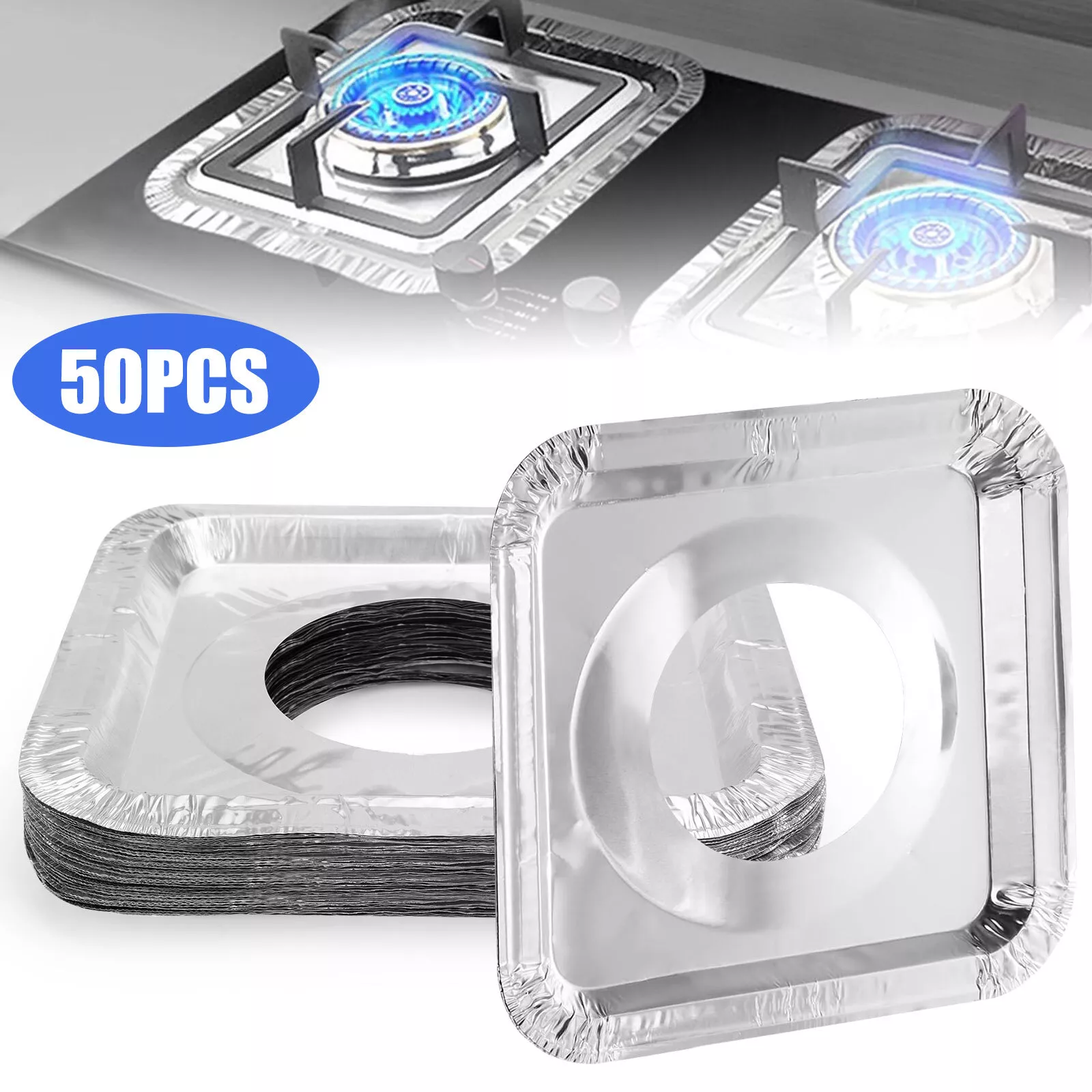 KLYNE - 50Pcs Aluminum Foil Gas Stove Burner Liners Covers, Square Thick Range Protector