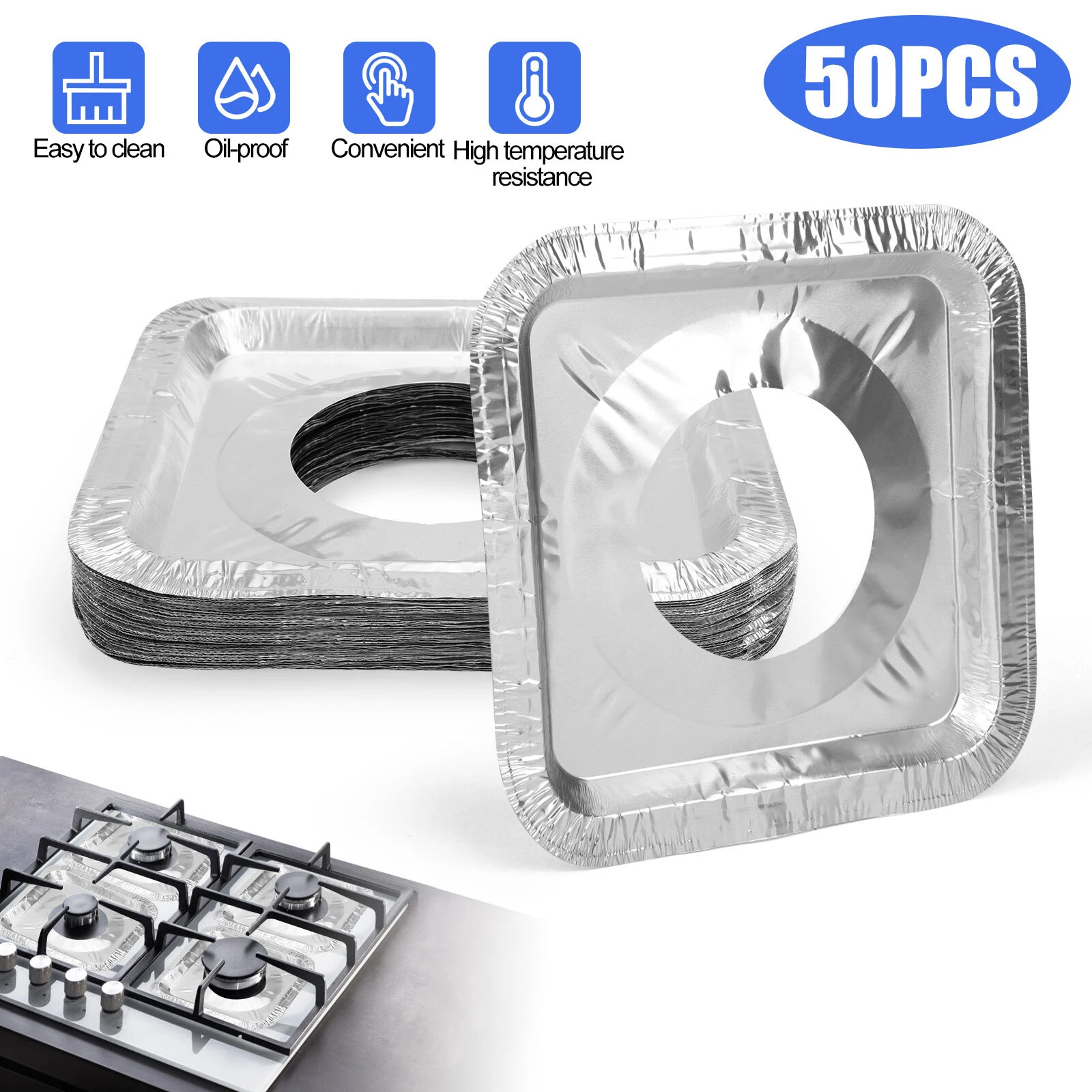 KLYNE - 50Pcs Disposable Gas Burner Liners Aluminum Square Stove Covers Range Protectors