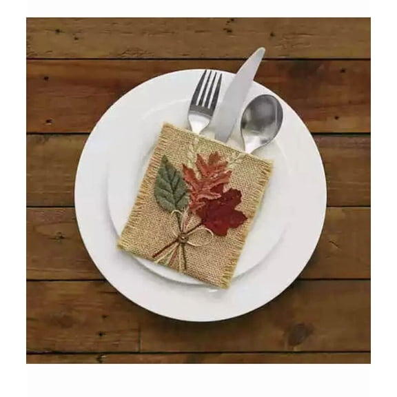 KLYNE - Leaf Jute Burlap Spice Leaves Silverware Utensil Holder In Natural (Set Of 4)