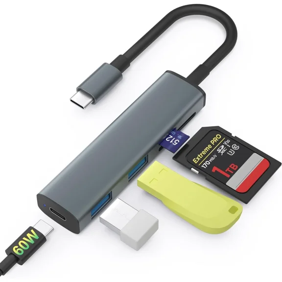 KLYNE- Usb C Sd Card Reader, Memory Reader With 60W Pd Charger Gray/Black