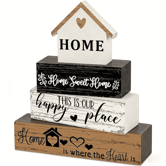 KLYZONIC 4 Pcs Farmhouse Wooden Tabletop Decor Rustic Tiered Tray Wood Sign Neutral Home Decoration