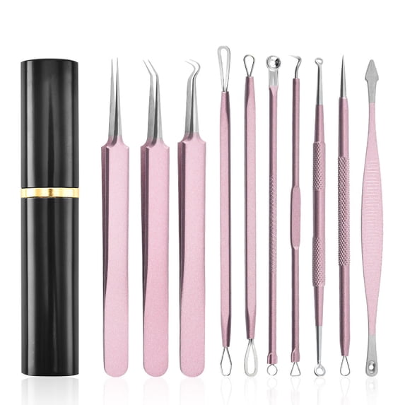 KLZO 10-Pcs Blackhead Extractor Kit - Pimple Popper Tool - Acne, Blemish, Milia, Zit Remover for Face - Champagne
