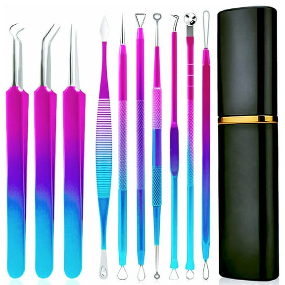 KLZO Blackhead Extractor Tool Set - 10-Piece Kit for Acne, Pimples, Whiteheads, and Blemishes, Aluminum Cylinder Case, Gradient Design