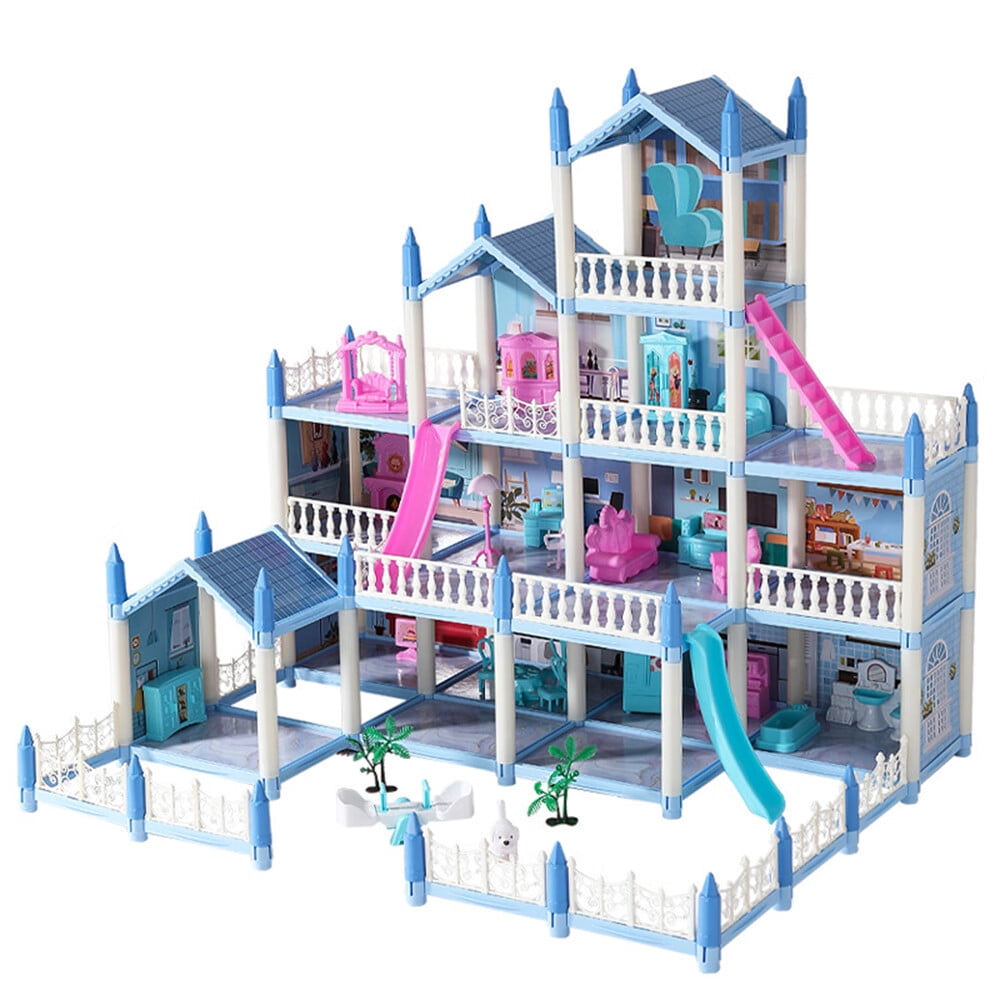 KLZO Blue Doll House for Girls Gift , DIY Pretend Dreamhouse with 14