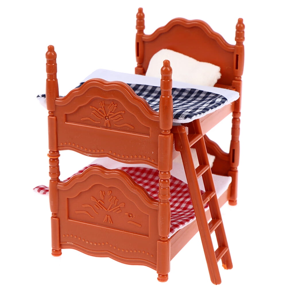 KLZO Dollhouse Bed Toy 1/12 Wooden Bunk Beds with Sheet Children's