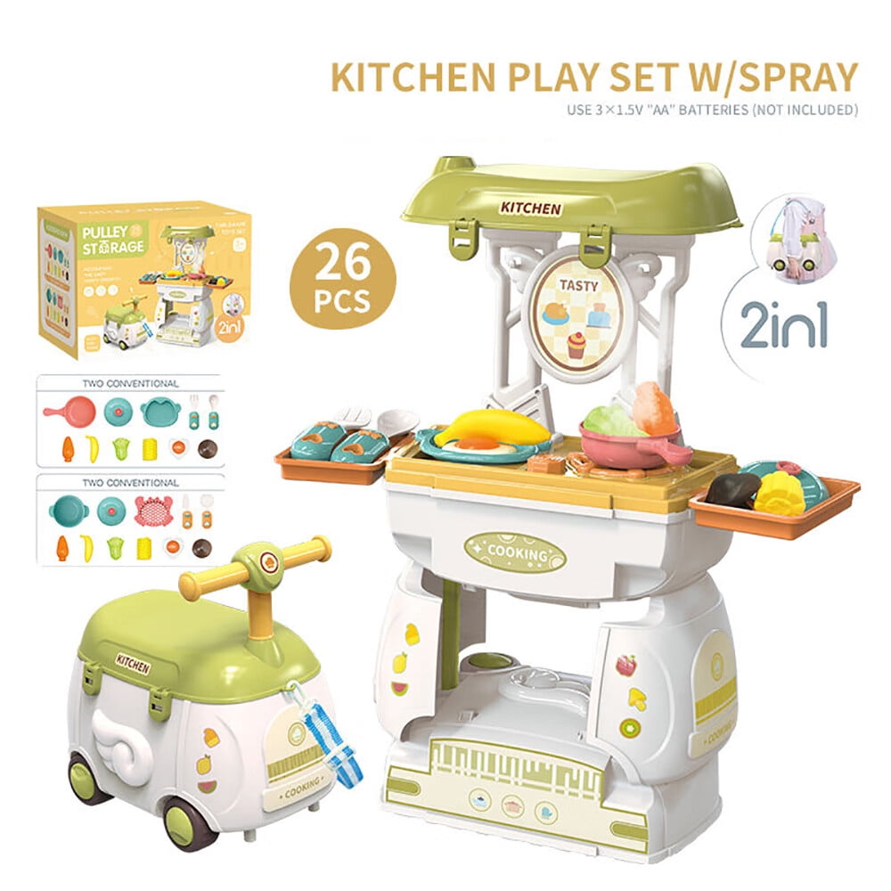 KLZO Kitchen Play Set for Ages 37, 26PCS Pretend Play Kitchen Toys 2 IN 1 Kitchenware Pulley