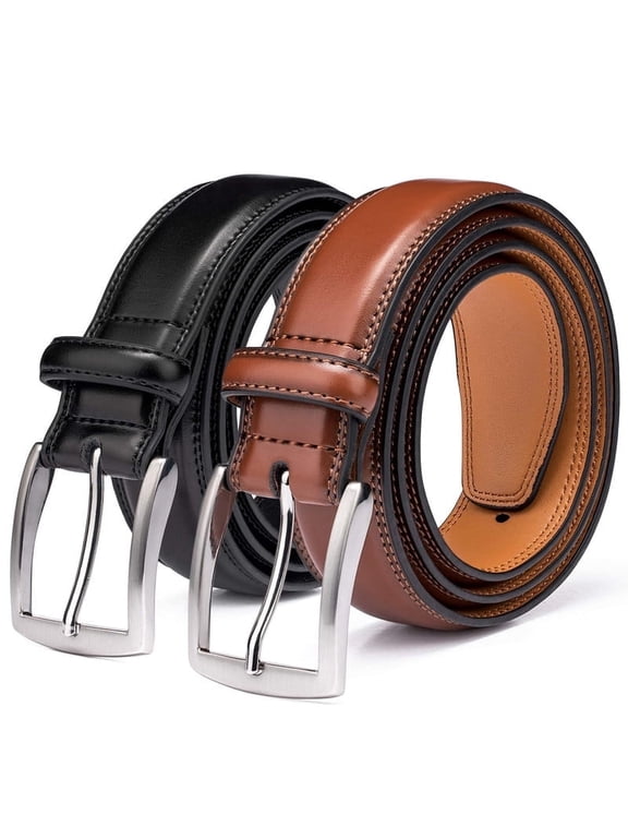 Men's 2 Pack Leather Dress Belts, Classic Fashion Belts for Work, Business and Casual