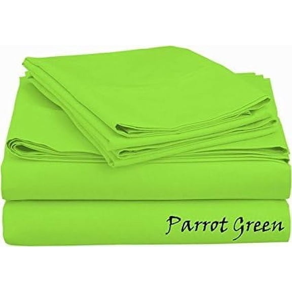 KM Linen 1500 Thread Count 100% Pima Cotton Sheet Set, Queen Size, Parrot Green - 24-Inch Deep Pocket, Solid Patterened