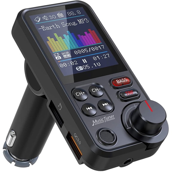 KM30 Bluetooth Car Adapter, FM Transmitter with 1.8" Color Screen, Hands-Free Calling Strong Mic, QC3.0 Fast Charging, Treble & Bass Sound Music Player, Wireless Radio Receiver, AUX TF USB
