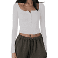 thumbnail image 1 of KMBANGI Women Square Neck Slim Shirt Long Sleeve Button Front Crop Tops Fitted Ribbed Low Cut Layering Tight Basic Tee(Button Brown,Small), 1 of 2