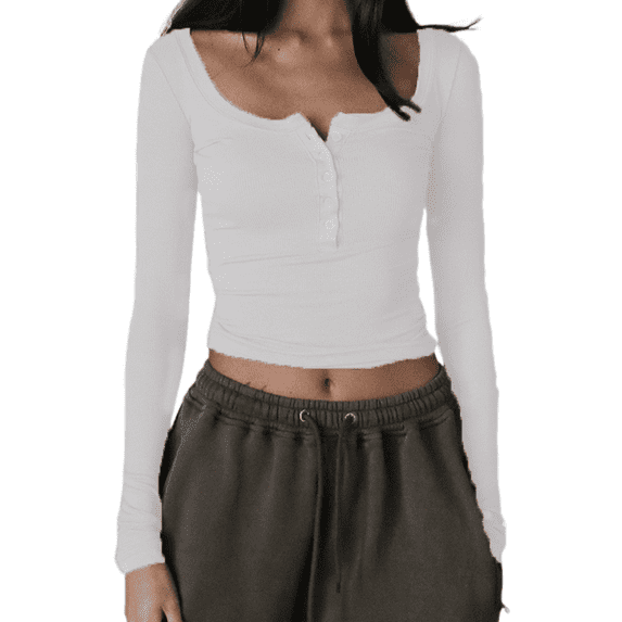 KMBANGI Women Square Neck Slim Shirt Long Sleeve Button Front Crop Tops Fitted Ribbed Low Cut Layering Tight Basic Tee(Button Brown,Small)