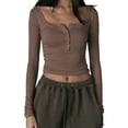 thumbnail image 1 of KMBANGI Women Square Neck Slim Shirt Long Sleeve Button Front Crop Tops Fitted Ribbed Low Cut Layering Tight Basic Tee(Button Brown,Small), 1 of 6