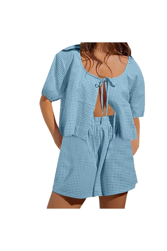 KMBANGI Women Tie Front 2 Piece Pajama Gingham Lounge Set Short Sleeve Babydoll Shirt Blouse Plaid Boxer Shorts Matching Pj
