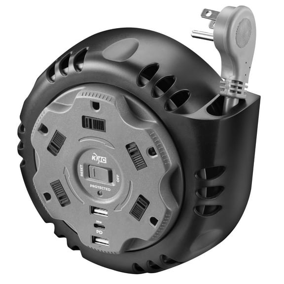 KMC Surge Protector Power Strip Cord Reel, 5-Outlets, USB-C PD, Flat Plug, 8 ft Extension Cord, Black