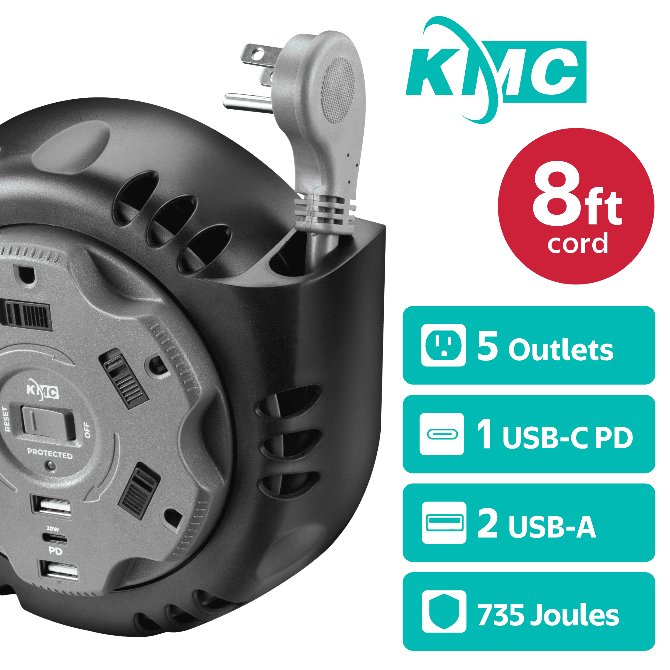 KMC Surge Twist Cord Reel Surge Protector Power Strip, 5-Outlets, USB-C PD, Flat Plug, 8 ft Extension Cord, Black