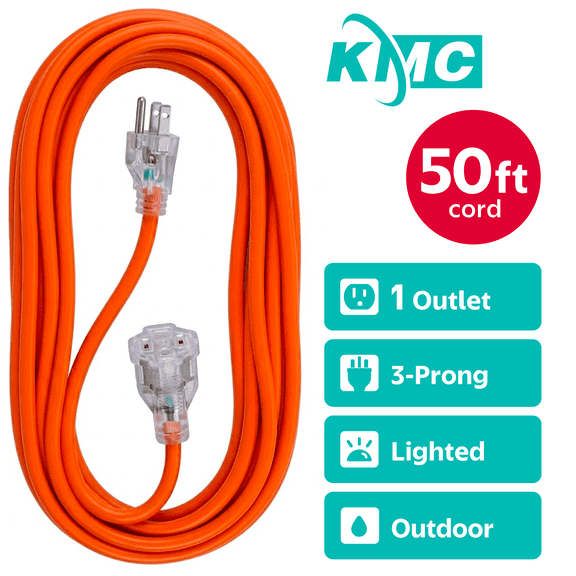 KMC Outdoor Extension Cord, 50 ft, 16/3, Weatherproof Vinyl Jacket, Lighted Plug, Orange