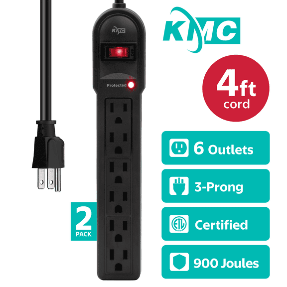 KMC Surge Protector Power Strip, 6-Outlet, 2-Pack, 4 ft Extension Cord, 900 Joules, Black