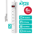 thumbnail image 1 of KMC 6-Outlet Surge Protector Power Strip, Extra Wide Plug, 6ft Extension Cord, 1200 Joules, White, 2-Pack, 1 of 9