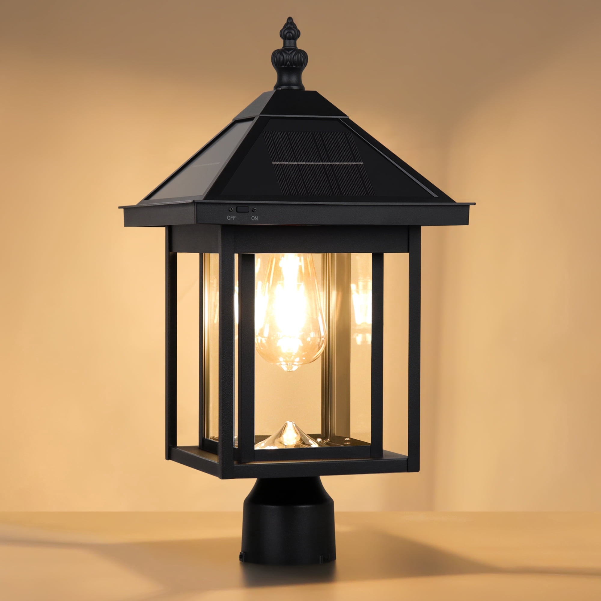 KMC LIGHTING ST4343Q-B Solar Post Lights Outdoor Die-cast Aluminum LED Solar Lamp Post Light Waterproof LED Pillar Lights with Real Glass for Patio Yard Driveway Garden Porch