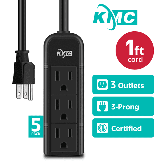KMC Mini Power Strip, 3-Outlet, 5-Pack, 1-Foot Cord, Black