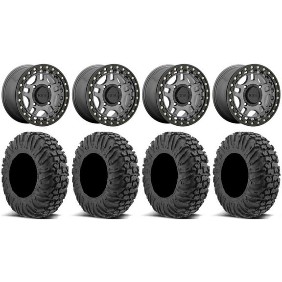 KMC Recon Beadlock 15" Wheels Gunmetal 34" MotoVator Tires Sportsman RZR Ranger