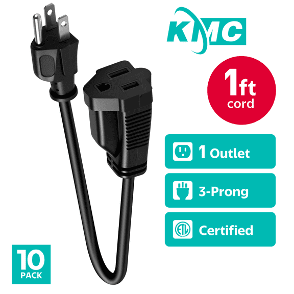 KMC Short Extension Cord 10-Pack, 1-Foot, 16/3, Outlet Saver, Black