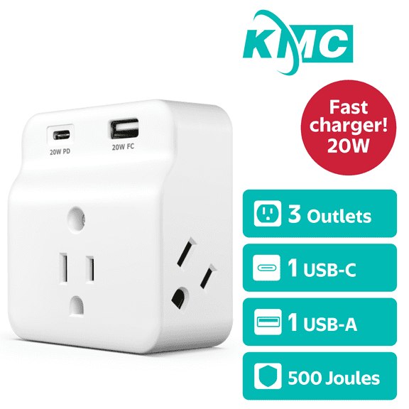 KMC Surge Protector Wall Tap, 3-Outlets, USB-C PD, USB-A Port, Wall Outlet Extender, White