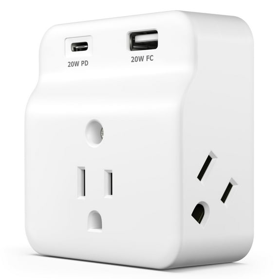 KMC Surge Protector Wall Tap, 3-Outlets, USB-C PD, USB-A Port, Wall Outlet Extender, White