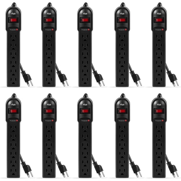 KMC Surge Protector Power Strip, 6-Outlet, 10-Pack, 2-Foot Cord, 735 Joules, Black