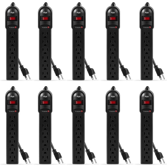 KMC Surge Protector Power Strip, 6-Outlet, 10-Pack, 2-Foot Cord, 735 Joules, Black