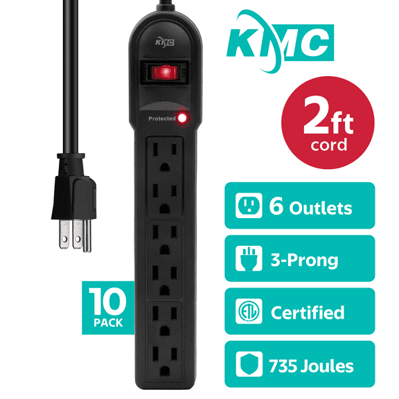 KMC Surge Protector Power Strip, 6-Outlet, 10-Pack, 2-Foot Cord, 735 Joules, Black