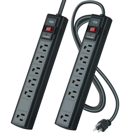 KMC Surge Protector Power Strip, 6-Outlet with Wide-Spaced Outlet, 2-Pack, 6-Foot Cord, 1200 Joules, Gray