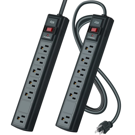 KMC Surge Protector Power Strip, 6-Outlet with Wide-Spaced Outlet, 2-Pack, 6-Foot Cord, 1200 Joules, Gray