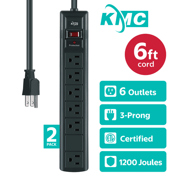 KMC Surge Protector Power Strip, 6-Outlet with Wide-Spaced Outlet, 2-Pack, 6-Foot Cord, 1200 Joules, Gray
