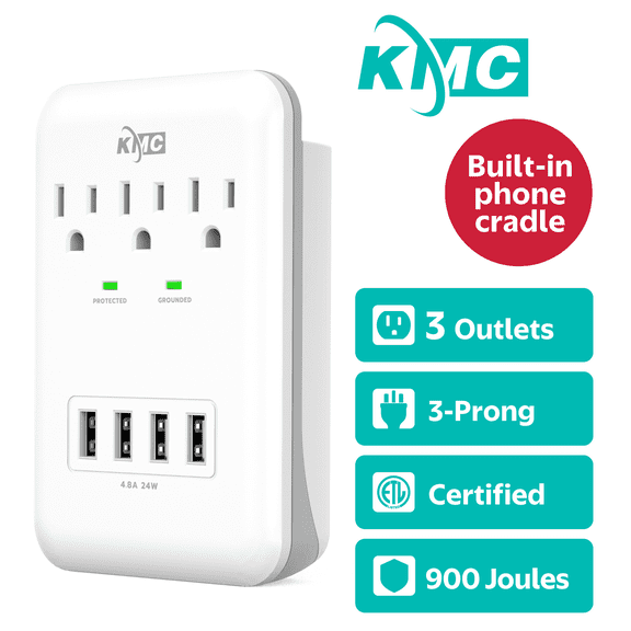 KMC Surge Protector Wall Tap with Shelf, 3-Outlets, 4 USB Ports, USB Wall Outlet Extender, White