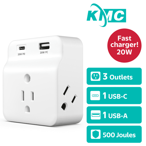 KMC Surge Protector Wall Tap, Grounded Wall Outlet Extender, 3-Outlets, USB-C PD, USB-A Port, 500 Joules, White