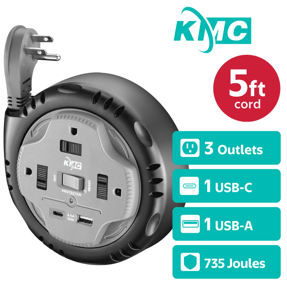 KMC Surge Twist 3 Outlets USB-C, 5 ft Retractable Extension Cord Reel, USB-A & USB-C Ports, Black