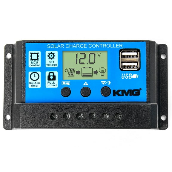 KMG 30A Solar Charger Controller 12V/24V Solar Panel Battery PWM Intelligent Regulator with Dual USB Port, LCD Display, Overload Protection