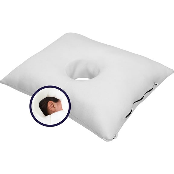 KMINA - Ear Pillows for Side Sleepers, Ear Piercing Pillow Washable, Side Sleeper Pillow for Ear Pain Relief, Pillow with Ear Hole White - Made in Europe
