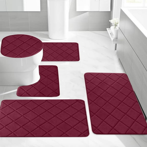 KMMYS 5-Piece Memory Foam Bath Mat Set, Soft & Water Absorbent Non-Slip Bathroom Rugs, Thick & Comfortable, Plaid Design, Machine Washable & Quick Dry, for Bathroom, Toilet, Shower