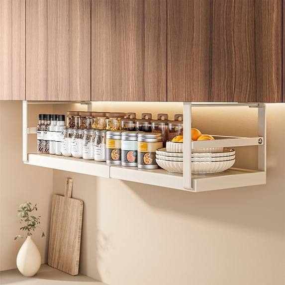KMMYS Adjustable Under Shelf Storage Basket, Telescopic Pantry Organization Rack for Kitchen, Bathroom, and Cupboard, Metal Space-Saving Shelf Organizer with Easy Installation