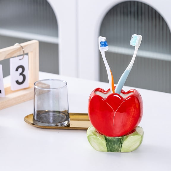 KMMYS Cute Flower Ceramic Organizer Desktop Makeup Beauty Pencil Pot, Unique Tulips Design, Multi-functional Storage Container, Perfect Gift for Home and Office, Durable Porcelain Craftsmanship