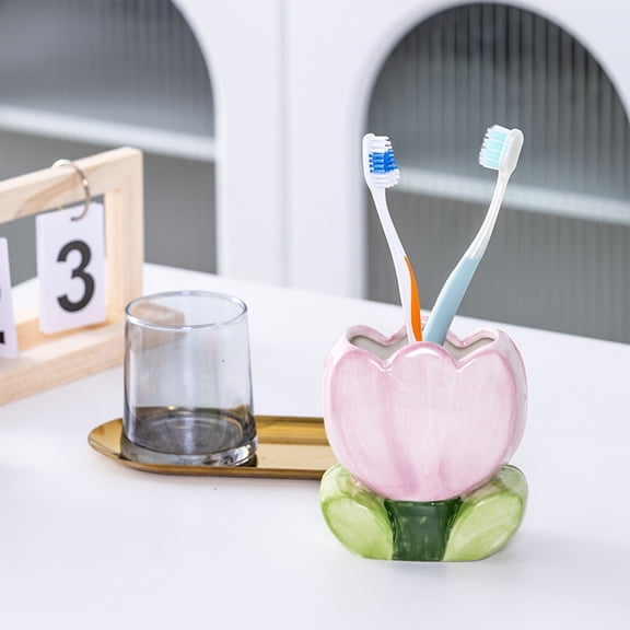 KMMYS Cute Flower Ceramic Organizer Desktop Makeup Beauty Pencil Pot, Unique Tulips Design, Multi-functional Storage Container, Perfect Gift for Home and Office, Durable Porcelain Craftsmanship