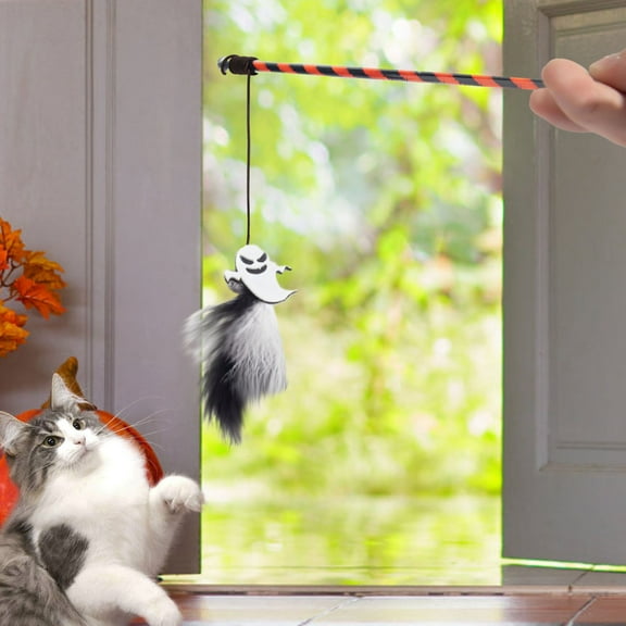 KMMYS Halloween Dog Toy Funny Dog Stick, Interactive Dog Teaser Toy, Pumpkin Ghost Feather Cat Toy, Engaging Pet Plaything, Ideal for Cats of All Ages, Elastic Rope Design