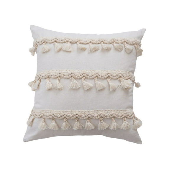 KMMYS Plain Cushion Pillow Case, 17.71x17.71in Beige Decorative Throw Pillow Cover with Tassels, Polyester Sofa Pillowcase, Fringe Cushion Cover for Living Room, Bedroom, Chairs, Easy Install