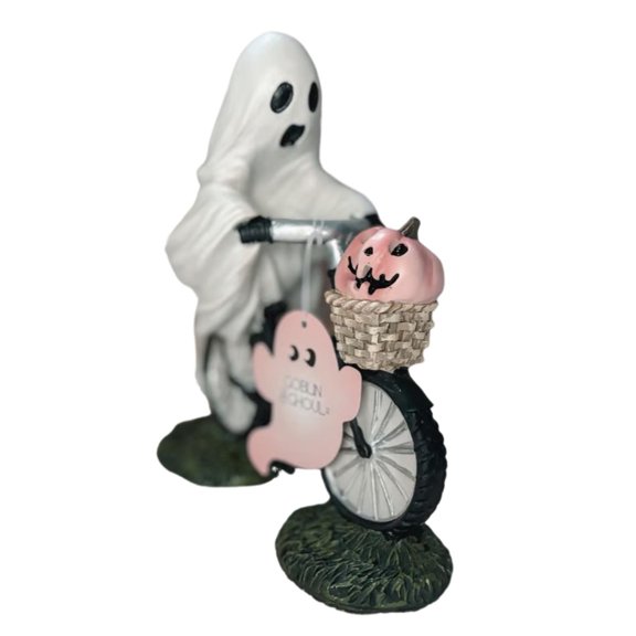 KMSS Halloween Ghost And Pink Pumpkin Decoration Cute Ghost Riding Bicycle Statue Spooky Resin Desktop Figurine Handcrafted Fun Ghost Ornament