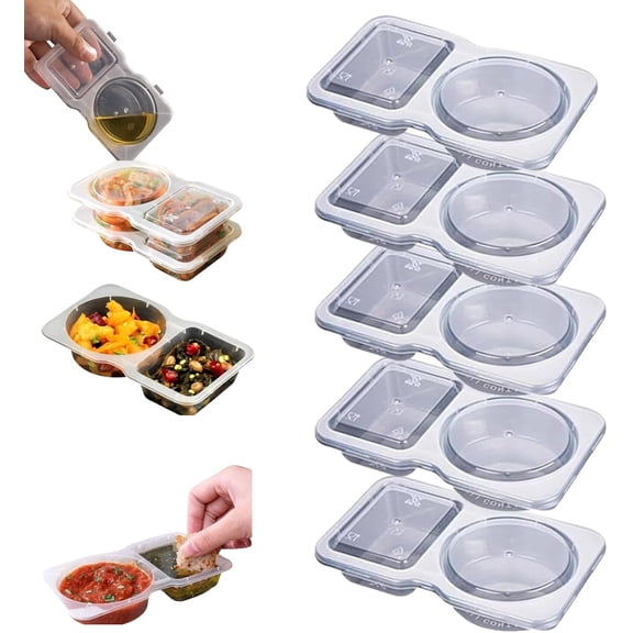 KMWGRE 5PCS Double Compartment Condiment Container, Portable Reusable Sauce Container, Dual Compartment Containerfor for Condiment